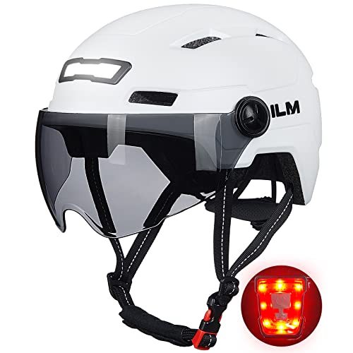 ILM Fahrradhelm mit Visier und LED Licht Mountain&Road Fahrradhelme für Damen und Herren Fahrradhelm für Pendeln in der Stadt E3-10L,Weiß L-XL von ILM