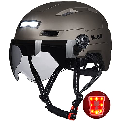 ILM Fahrradhelm mit Visier und LED Licht Mountain&Road Fahrradhelme für Damen und Herren Fahrradhelm für Pendeln in der Stadt E3-10L,Titan L-XL von ILM