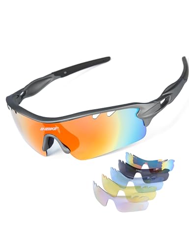 INBIKE Sonnenbrille Herren Damen Polarisiert Verspiegelt Fahrradbrille Radbrille Sport Brille UV400 Schutz mit 5 Wechselgläser,Grau von INBIKE