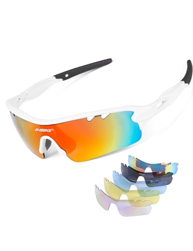 INBIKE Sonnenbrille Herren Damen Polarisiert Verspiegelt Fahrradbrille Radbrille Sport Brille UV400 Schutz mit 5 Wechselgläser,Weiß von INBIKE