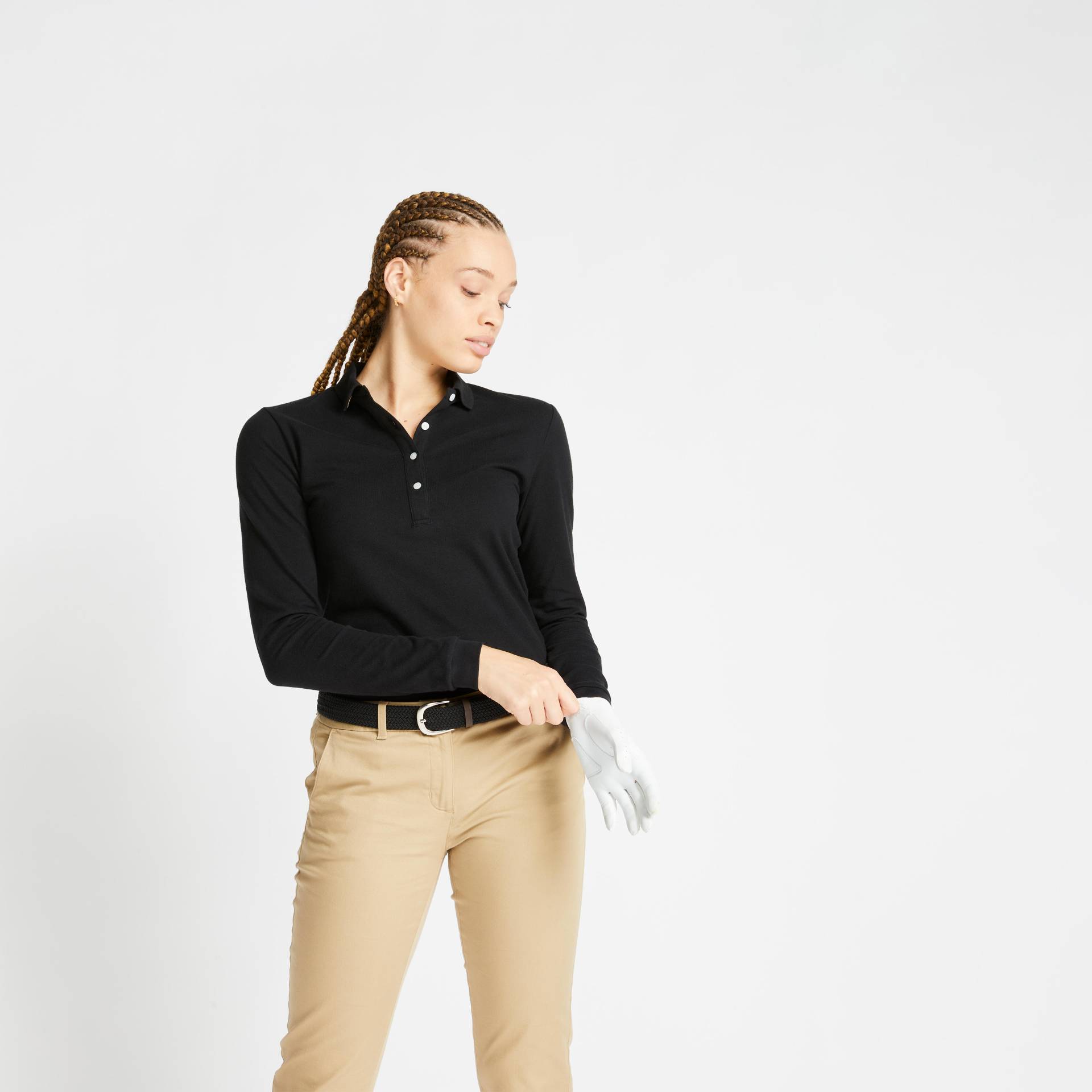 Damen Poloshirt langarm - MW500 schwarz von INESIS