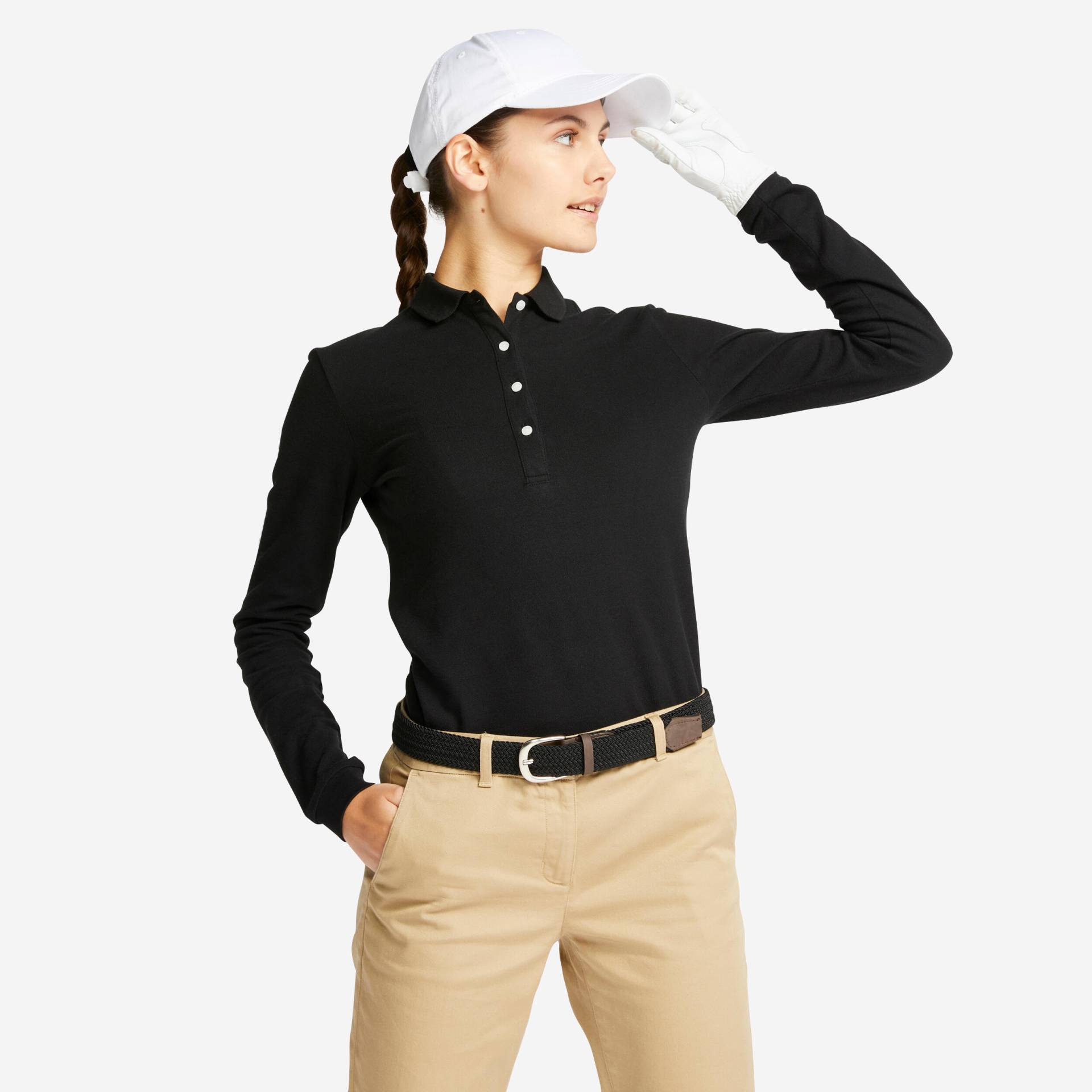 Damen Poloshirt langarm - MW500 schwarz von INESIS