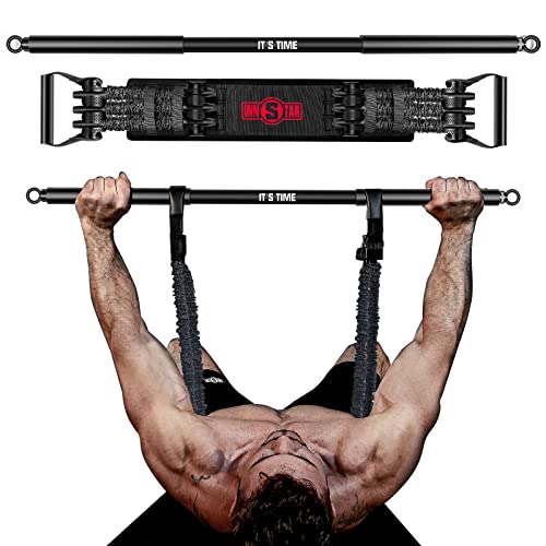 INNSTAR Tragbares Bankdrücken Widerstandsbänder mit Stange, Verstellbare Bench Press Bands mit 96cm Fitness Stange, Brusttrainer für Arm, Rücken, Bizeps und Brustmuskeln Krafttraining(Schwarz-90KG) von INNSTAR