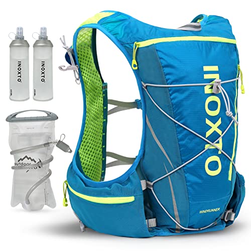 INOXTO Lauf-Trinkweste, leichter Trinkrucksack mit 1.5 l Wasserblase Tasche, Tagesrucksack und 450 ml weicher, faltbarer Wasserflasche für Wandern, Rennen für Damen und Herren (Medium, blau) von INOXTO