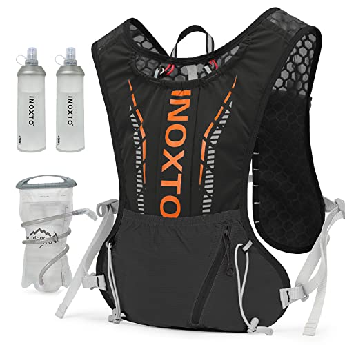 INOXTO Trinkweste-Rucksack, leicht, isoliert, mit 1,5 l Wasserblase, Tagesrucksack für Wandern, Trailrunning, Radfahren, Rennen, Marathon für Damen, Herren, Kinder (Schwarz / Orange) von INOXTO