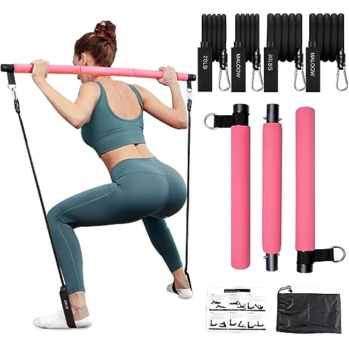 Pilates Exercise Stick Kit with 4 (2 Strong & 2 Standard) Resistance Bands，Portable Compact 3-Section Yoga Resistance Bands for Legs and Butt, Pilates Bar with Foot Strap for Full Body Workout（Pink） von IPS IP SMART