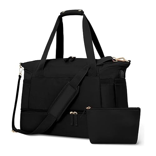 IQYU Schultergurt Taschen Sporttasche für Damen, 37 l, Sport-Reisetasche mit USB-Ladeanschluss, Übernachtungstasche Kinderwagen Taschen Klein (Black, One Size) von IQYU