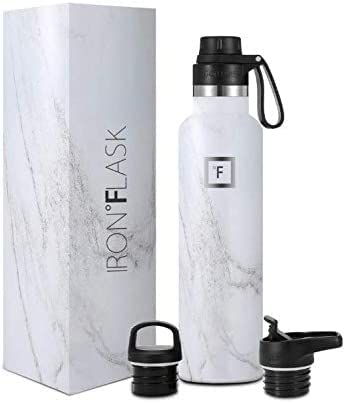 IRON °FLASK Sportwasserflasche mit schmalem Mund - 24 Unzen, 3 Deckel (Auslaufdeckel), vakuumisolierter Edelstahl, heiß, kalt, moderner doppelwandiger Marmor von IRON °FLASK