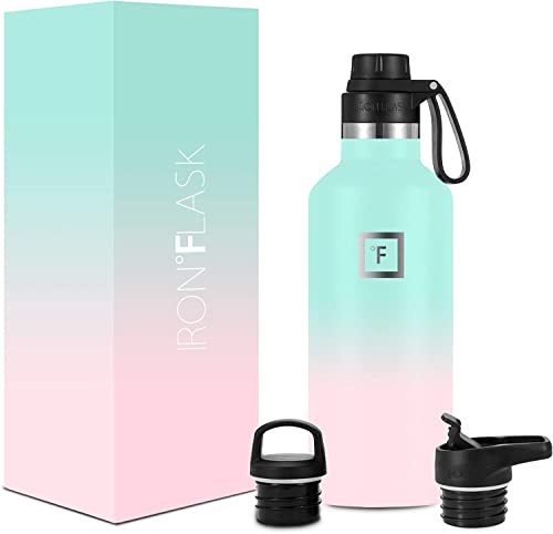 IRON °FLASK Sportwasserflasche mit schmalem Mund - 32 Unzen, 3 Deckel (Auslaufdeckel), vakuumisolierter Edelstahl, heiß, kalt, moderner doppelwandiger Kaugummi von IRON °FLASK