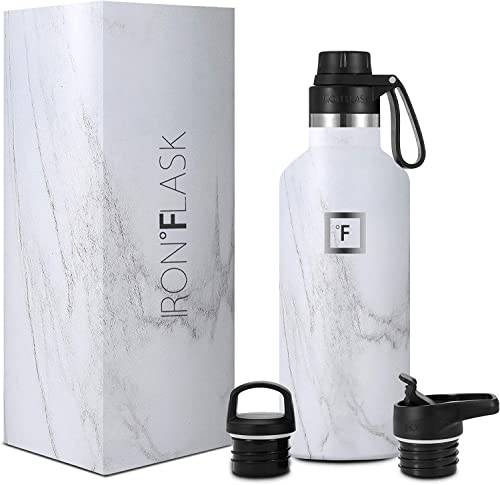 IRON °FLASK Sportwasserflasche mit schmalem Mund - 32 Unzen, 3 Deckel (Auslaufdeckel), vakuumisolierter Edelstahl, heiß, kalt, moderner doppelwandiger Marmor von IRON °FLASK