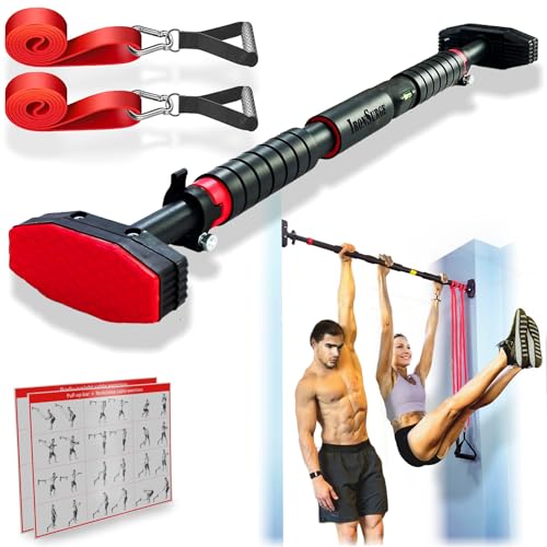 IRONSURGE Klimmzugstange für Flur oder Tür, 6-teiliges Set mit zwei aufsteckbaren Widerstandsbändern/Griffen, Trainingshandbücher, keine Schrauben, Klimmzugstange, max 308,4 kg, Breitenoptionen: 68,6 von IRONSURGE