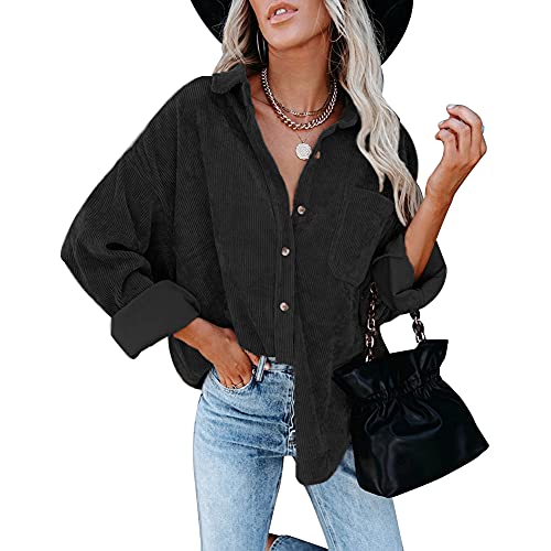 ISAKEN Damen Hemd Cordstoff Bluse Klassisches Langarmshirts Damenbluse Hemdjacke Mit Knöpfen Basic Shirt Hemd Lose Cordjacke Mantel Mode Freizeithemd Einfarbig Hemdbluse für Frauen von ISAKEN