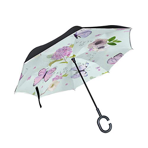 ISAOA Gro?er umgekehrter faltbarer Regenschirm, doppellagig, winddicht, UV-Schutz, Regenschirm, f¨¹r den Au?enbereich, C-f?rmiger Griff, selbststehend, Blumen und fliegende Schmetterlinge. von ISAOA