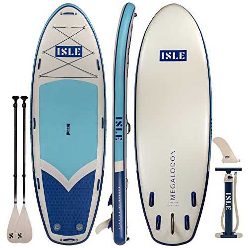 ISLE Megalodon Aufblasbares Stand Up Paddle Board, inkl. 3-Finnensystem, Pumpe, 2 Paddel - Mehr-Personen SUP - 360 x 110 x 20 cm - max. 295 kg - California Design - Aqua/Marine von ISLE Surf and SUP
