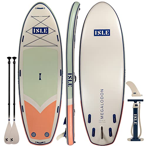 ISLE Megalodon Aufblasbares Stand Up Paddle Board, inkl. 3-Finnensystem, Pumpe, 2 Paddel - Mehr-Personen SUP - 360 x 110 x 20 cm - max. 295 kg - California Design - Grün/Pfirsich von ISLE Surf and SUP