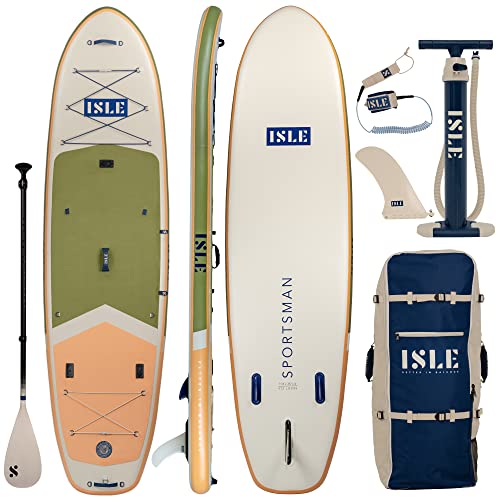 ISLE Sportsman Aufblasbares Stand Up Paddle Board, inkl. Sicherheitsleine, 3-Finnensystem, Rucksack, Pumpe, Paddel - Angel SUP - 350,52x91,4 x15cm - max. 12,25kg - California Design - Moosgrün/Gelb von ISLE Surf and SUP