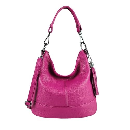 OBC Made in Italy Damen Leder Tasche Umhängetasche Shopper Schultertasche Handtasche Crossbody Hobo Bag Crossover Ledertasche Damentasche Fransen Pink von ITALYSHOP24