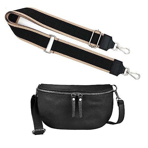 Made in Italy OBC Damen Set Gürteltasche + Schultergurt Leder Crossbody Hüfttasche Bauchtasche Umhängetasche Brusttasche Crossover Bag Schultertasche Handytasche Geldtasche Schwarz S (25cm) + Gürtel von ITALYSHOP24