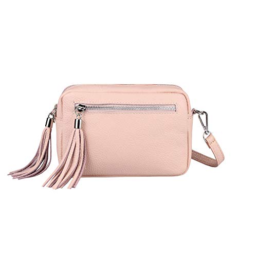 OBC Made in Italy Damen Leder Tasche Umhängetasche Schultertasche Beuteltasche Cross-Over Cross Bag Glattleder Schmucktasche Fransen Ledertasche Hellrosa von ITALYSHOP24COM