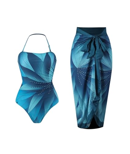 IUERVPS Eleganter einteiliger Badeanzug mit blauem Blattmuster for Damen mit hoher Taille und hängendem Ausschnitt, französischer Bikini mit bedecktem Bauch(Size:L) von IUERVPS