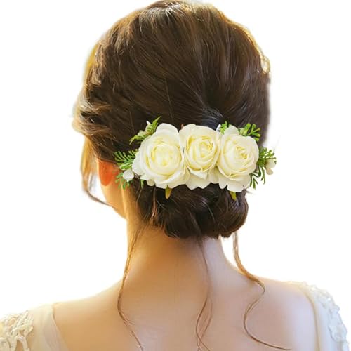 Blumen Haarspange, Haarclip Blumen Mehrfarbig Rosen Haarnadeln Haarschmuck für Mädchen Frauen Party Strand Hochzeit (White, One Size) von IUNSER