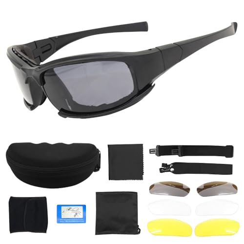 IXYHKB Polarisiert Sonnenbrille, Fahrradbrille Sportbrille Set mit 4 Austauschbaren Farben Gläsern, UV-Schützende, Taktische Militärische Brille für Motorrad Radfahren Shooting Jagd, Schwarz von IXYHKB