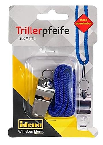 Idena 40187 - Triller-Pfeife aus Metall, Signal-Pfeife mit blauem Band zum Umhängen, ideal für Sport- und Freizeitaktivitäten, für Kinder, Trainer, Lehrer und Bademeister von Idena