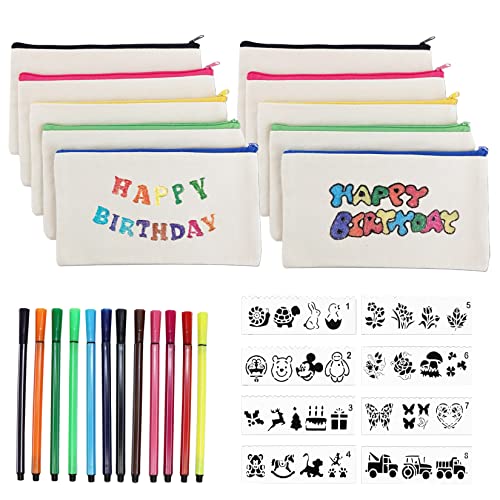 Idota 10 Stück Stoff Federmäppchen, Kindergeburtstag Basteln, Taschen zum Bemalen für Kinder mit 12 Farbigen Stiften und 8 Pcs Malen Schimmel für Reisen, Basteln am Kindergeburtstag von Idota