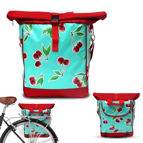 Ikuri Fahrradtasche für Gepäckträger Satteltasche Einzeltasche Packtasche, abnehmbar, mit Tragegurt zum Umhängen, aus Wachstuch, UNISEX, Wasserdicht - Modell Cerezas türkis von Ikuri