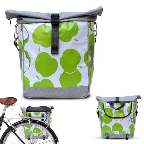 Ikuri Fahrradtasche für Gepäckträger Satteltasche Einzeltasche Packtasche, abnehmbar, mit Tragegurt zum Umhängen, aus Wachstuch, UNISEX, Wasserdicht - Modell Manzanas Grün von Ikuri