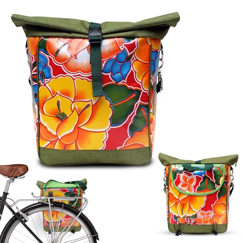 Ikuri Fahrradtasche für Gepäckträger Satteltasche Einzeltasche Packtasche, abnehmbar, mit Tragegurt zum Umhängen, aus Wachstuch, UNISEX, Wasserdicht - Modell Tehuana Rot von Ikuri