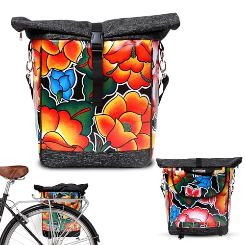IKURI einseitige Fahrradtasche für Gepäckträger Satteltasche Einzeltasche Packtasche, abnehmbar, mit Klickfix Vario Haken, mit Tragegurt, aus Wachstuch, Damen, Wasserdicht, Modell Tehuana Schwarz von Ikuri