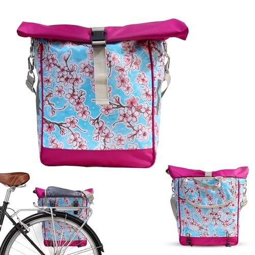 IKURI Fahrradtasche für Gepäckträger Satteltasche Einzeltasche Packtasche, abnehmbar, mit Tragegurt zum Umhängen, aus Wachstuch, Wasserdicht, mit Kirschblüten - Modell Hanami hellblau von Ikuri