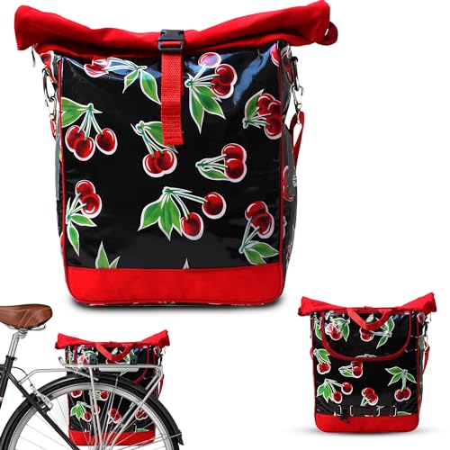 Ikuri Fahrradtasche für Gepäckträger Satteltasche Einzeltasche Packtasche, abnehmbar, mit Tragegurt zum Umhängen, aus Wachstuch, UNISEX, Wasserdicht - Modell Cerezas schwarz von Ikuri