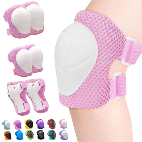 Inkidio Knieschützer für Kinder Schutzausrüstungsset Knieschützer und Ellenbogenschützer-Set mit Handgelenkschutz für Mädchen und Jungen Rollschuhe Roller Radfahren Fahrrad Skateboard (S Pink White) von Inkidio