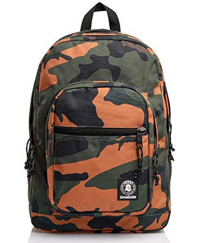 Invicta Rucksack aus nachhaltigem Stoff, Backpack mit Trinkflaschenfach, Laptopfach, Extra Platz - 38 LT - Unisex, für Schule, Sport und Freizeit, italienisches Design, grün/orange, JELEK FANTASY von Invicta