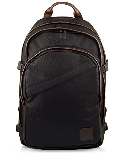 Invicta Round Plus Backpack Geräumiger Rucksack, praktisch & unisex, mit Laptopfach für Uni, Arbeit, Reise & Fahrrad; Daypack, schwarz/braun - mit Lederdetails & italienisches Design von Invicta