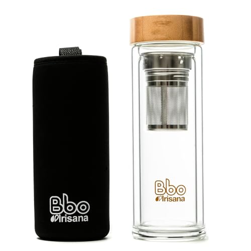 Irisana – Wasserflasche – 400 ml – transparent – ​​8,5 x 8,5 x 22,5 cm – Infuser-Thermobecher – Deckel und Filter für Infusionen und Mate – Bbo Collection von Bbo Irisana