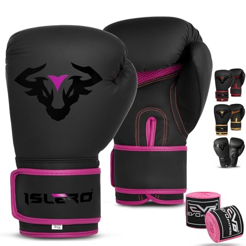 Islero EVO Fitness Boxhandschuhe für Herren, Boxsack, Damen, Pink, MMA, Muay Thai, Kampfsport, Kickboxen, Sparring, Training, Kampfhandschuhe mit Handbandagen (284 g, Rosa) von Islero