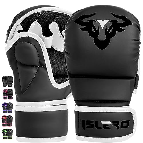 Islero Fitness-Handschuhe, mattschwarz, Martial Arts Mitts Grappling Sparring Herren Muay Thai Cage Fighting Boxing Combat Sports Damen rosa UFC Boxsack Training (weiß, mittel) von Islero