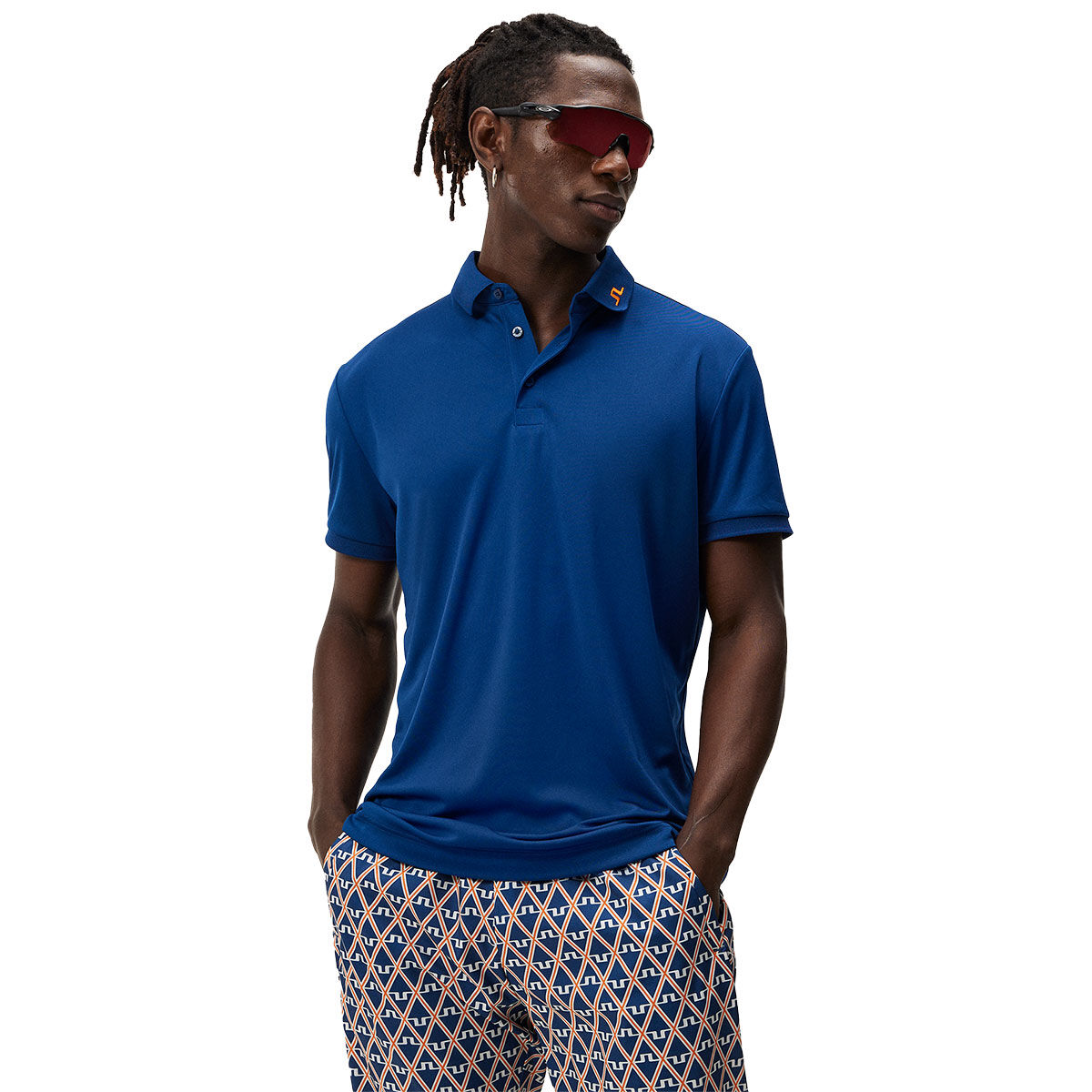 J.Lindeberg Men's Blue and White KV Regular Fit Print Golf Polo Shirt, Size: Small | American Golf von J Lindeberg