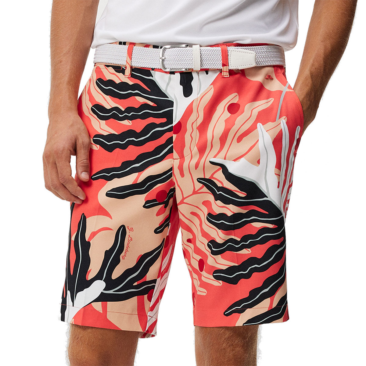 J.Lindeberg Men's Eloy Print Golf Shorts, Mens, Paradise monstera coral, 38 | American Golf von J Lindeberg