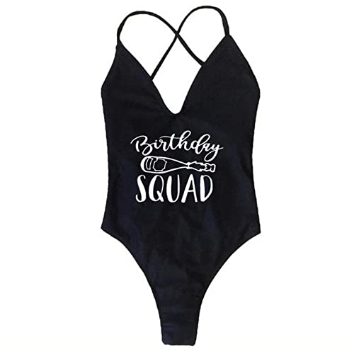 JACTZ Bikini Damen Geburtstagsfeier EIN Stück Badeanzug Geburtstag Queen Squad Lady Futterhaut Frauen Badeanzug Rückenless Beachwege-Squad- Black,L von JACTZ