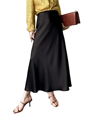 JACTZ Satinrock Frauen Elegante Seide Satin Midi Rock Qualität High Waisted Lange Röcke Für Frauen Wrap A Line Rock Maxi-Black,M von JACTZ