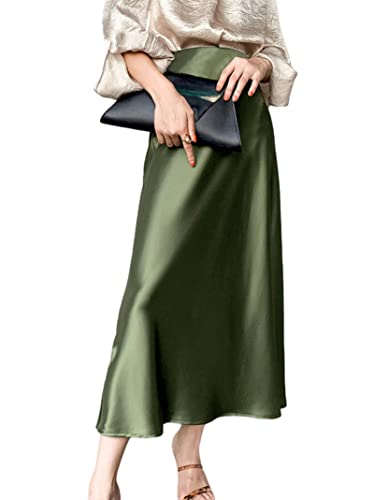 JACTZ Satinrock Frauen Elegante Seide Satin Midi Rock Qualität High Waisted Lange Röcke Für Frauen Wrap A Line Rock Maxi-Olive Green,L von JACTZ
