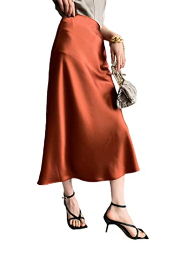 JACTZ Satinrock Frauen Elegante Seide Satin Midi Rock Qualität High Waisted Lange Röcke Für Frauen Wrap A Line Rock Maxi-Orange Red,XL von JACTZ