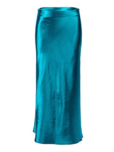 JACTZ Satinrock Sommer Büro Dame Midi Rock Casual Hohe Taille Seide Lange Röcke Frauen Elegante Satin Bodycon Röcke High Street-A-Blue,M von JACTZ