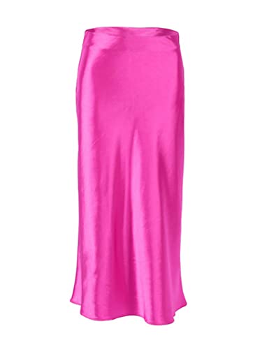 JACTZ Satinrock Sommer Büro Dame Midi Rock Casual Hohe Taille Seide Lange Röcke Frauen Elegante Satin Bodycon Röcke High Street-Pink,L von JACTZ