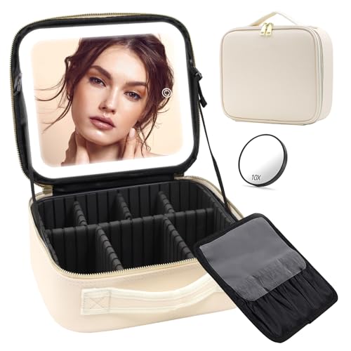 JADAZROR Make-up-Tasche mit Spiegel und Licht, Reise-Make-up-Tasche mit 3-farbigem LED-beleuchtetem Make-up-Organizer, tragbares Make-up-Etui mit verstellbaren Trennwänden, Kosmetiktasche, Geschenk von JADAZROR