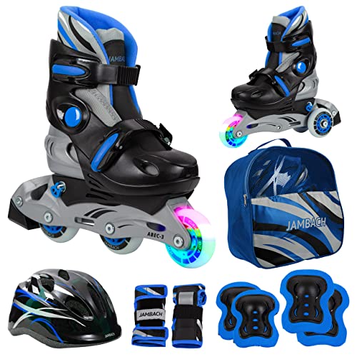 JAMBACH Kinder Inline-Skates mit Schutzset verstellbar zum Rollschuh mit Led (XS (26-29), blau) von JAMBACH